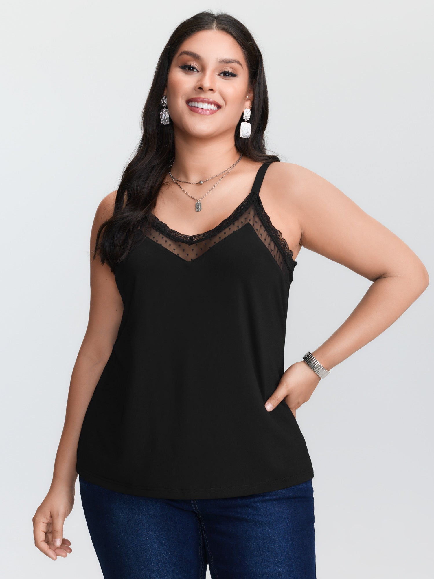 Cami Top Lace - Büyük beden, siyah, örgü görünümlü, ince
